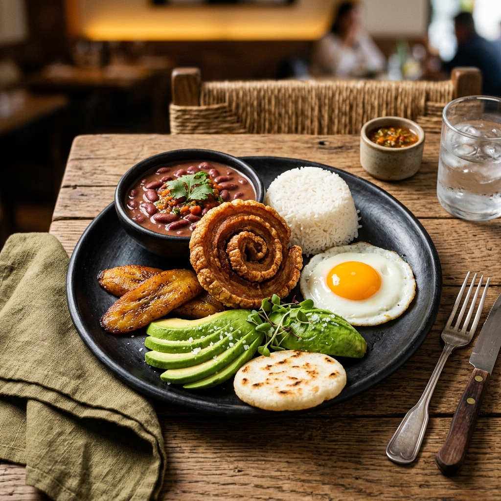 Gourmet presentación de la clásica Bandeja Paisa en Restaurante Laucude